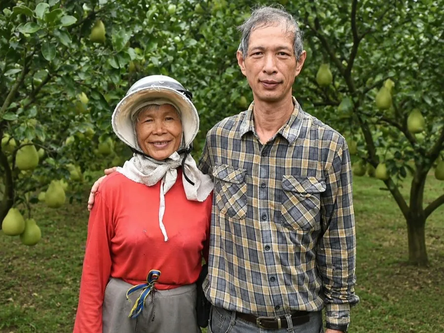 媽媽許盧秀紅與兒子許晉魁在光益果園老欉文旦前的合照